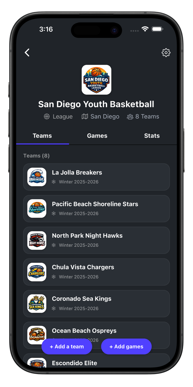 Mobile app screen showing basketball team roster 