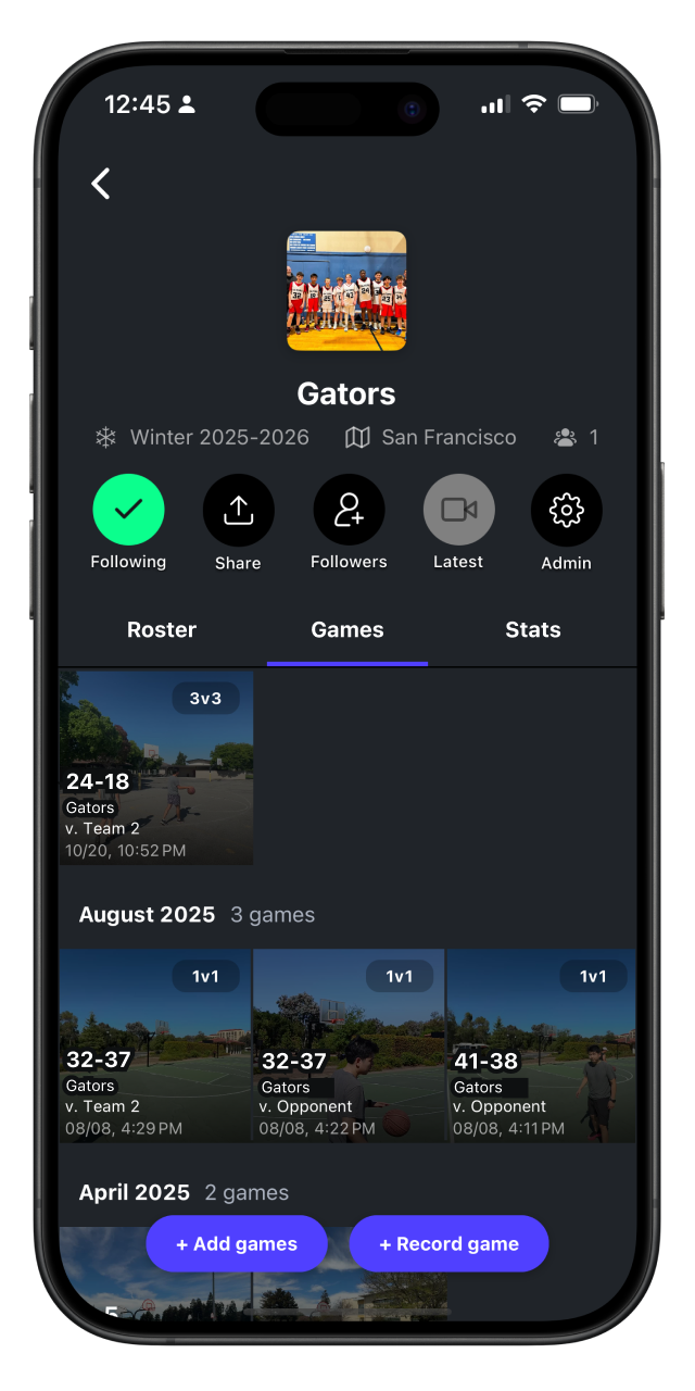 Mobile screen showing game schedule 