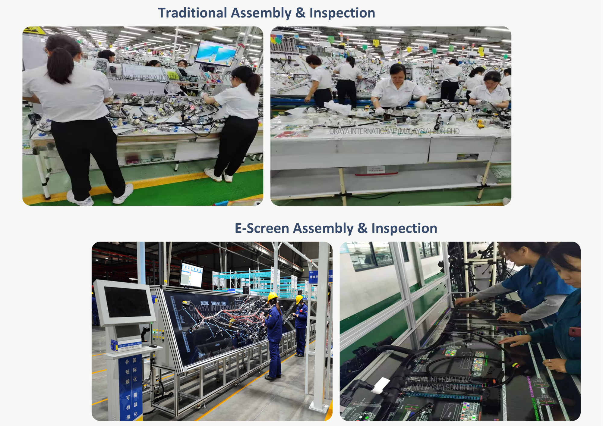 Four images comparing traditional wire harness assembly using paper-based methods to the E-Screen Assembly Table. The top two show workers handling wires on printed templates, while the bottom two show digital on-screen guidance and automated inspection tools enhancing accuracy and efficiency.