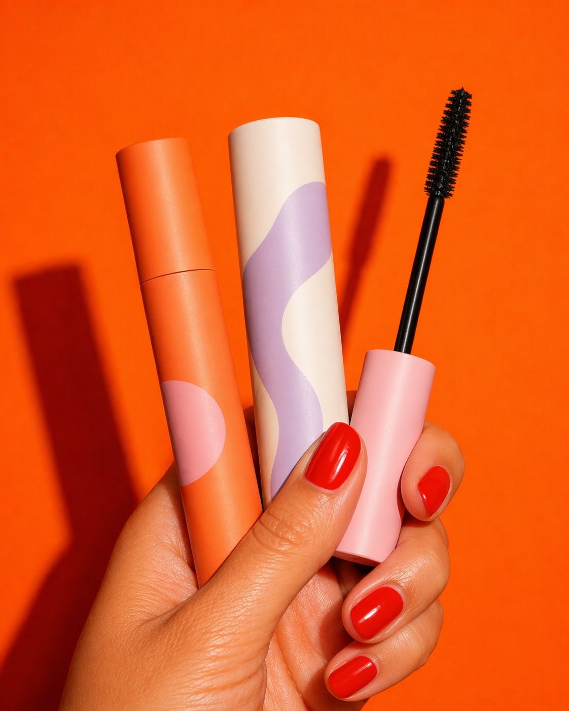 Hand holding three branded packaging tubes for cosmetics