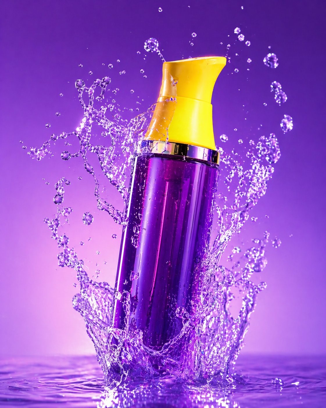 Purple beauty bottle with yellow pump and water splash explosion