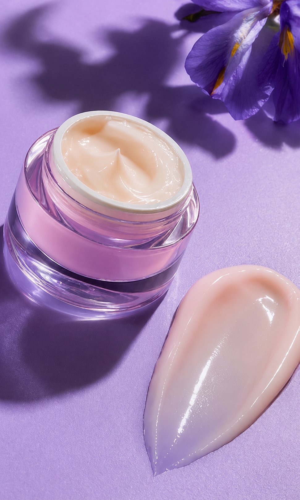 Open lilac cream jar with iris flower and pink swatch