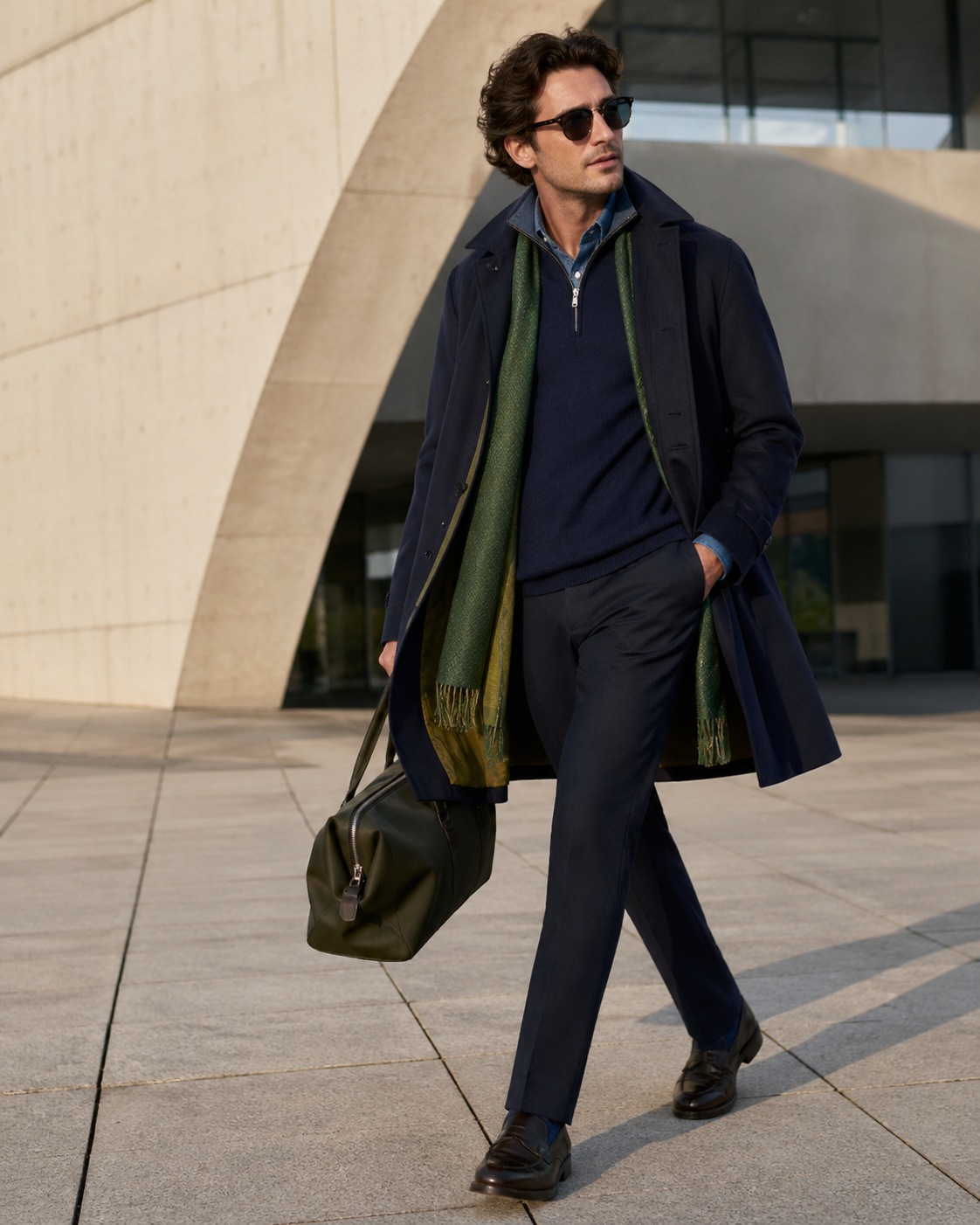 Male model in a navy long overcoat, knitwear and scarf walking past concrete architecture