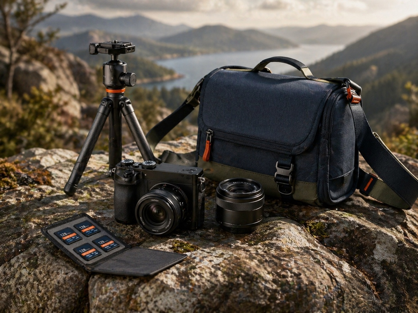 Mirrorless camera, lens, tripod and bag on rocks with mountain backdrop