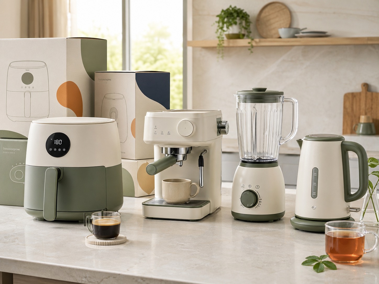 Cream and sage kitchen tech range on a counter with branded retail boxes