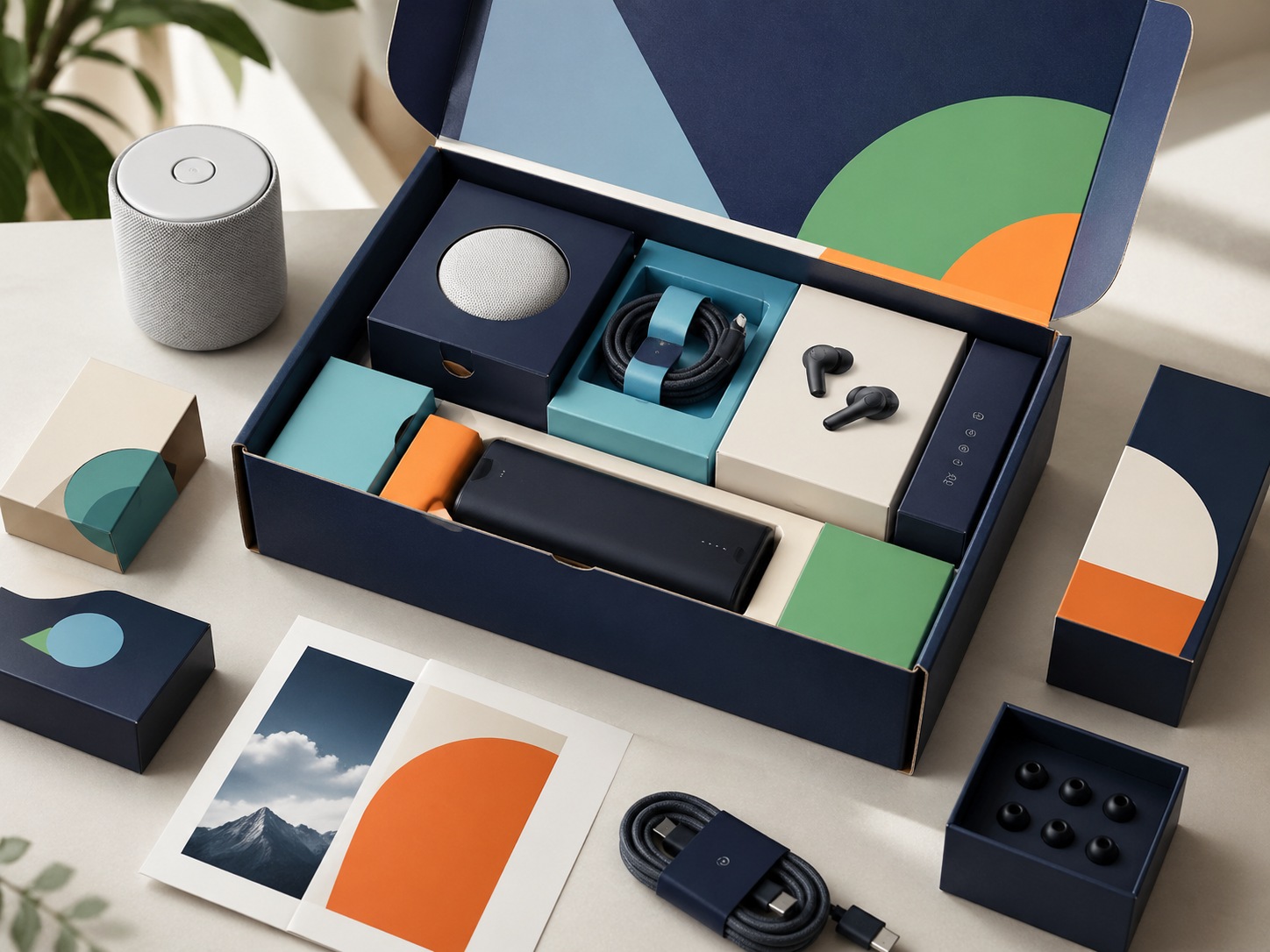Open mailer with smart speaker, earbuds, cables and bold branded packaging