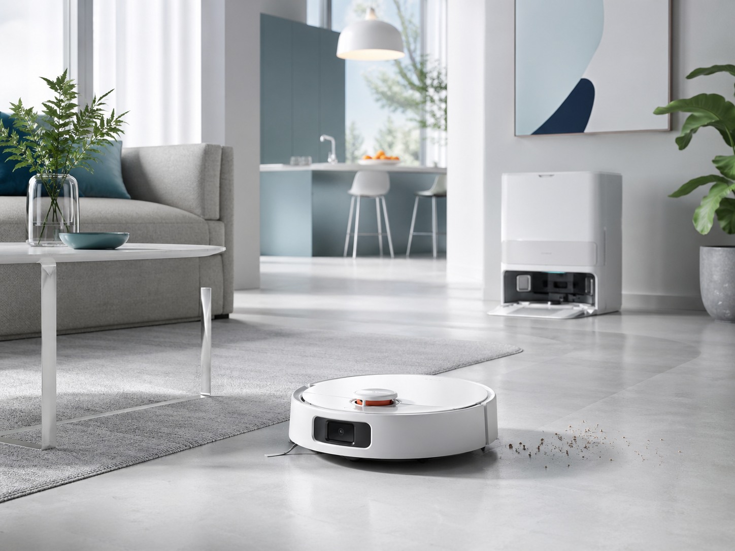 Round white robot vacuum and dock station in a modern living room