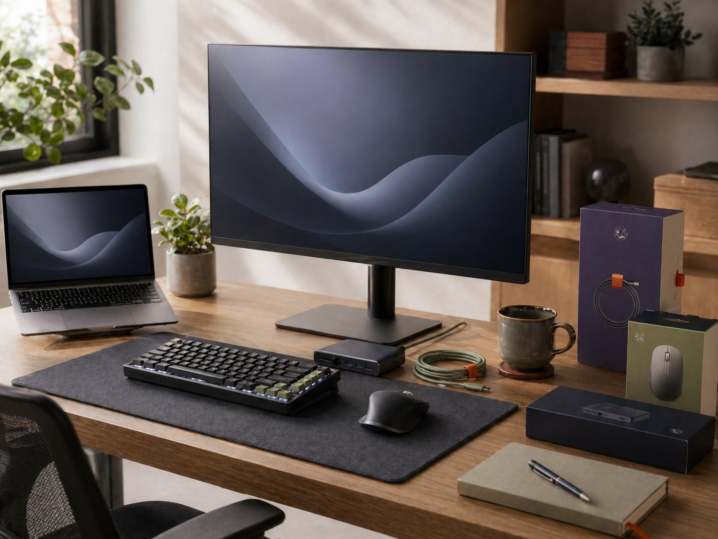 Home office desk with monitor, laptop, mechanical keyboard and accessory boxes