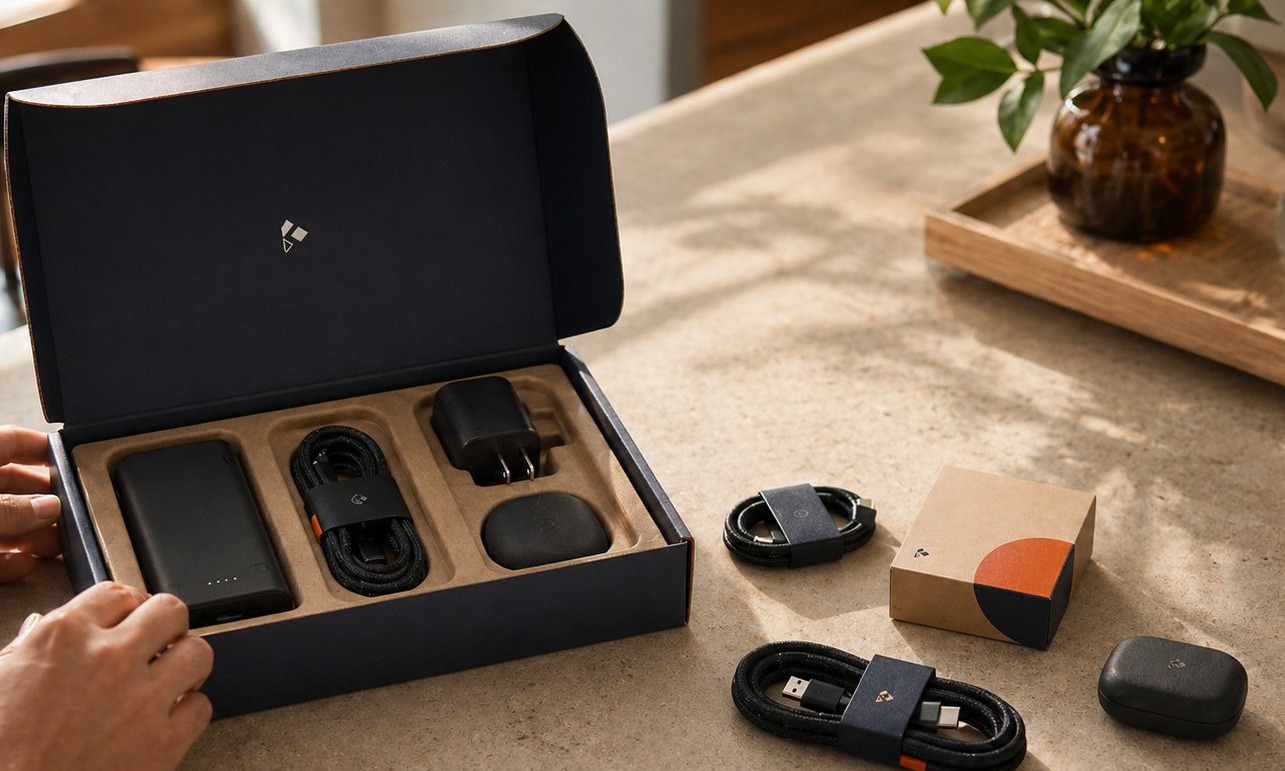 Hands opening a navy mailer box with electronics accessories on a stone counter