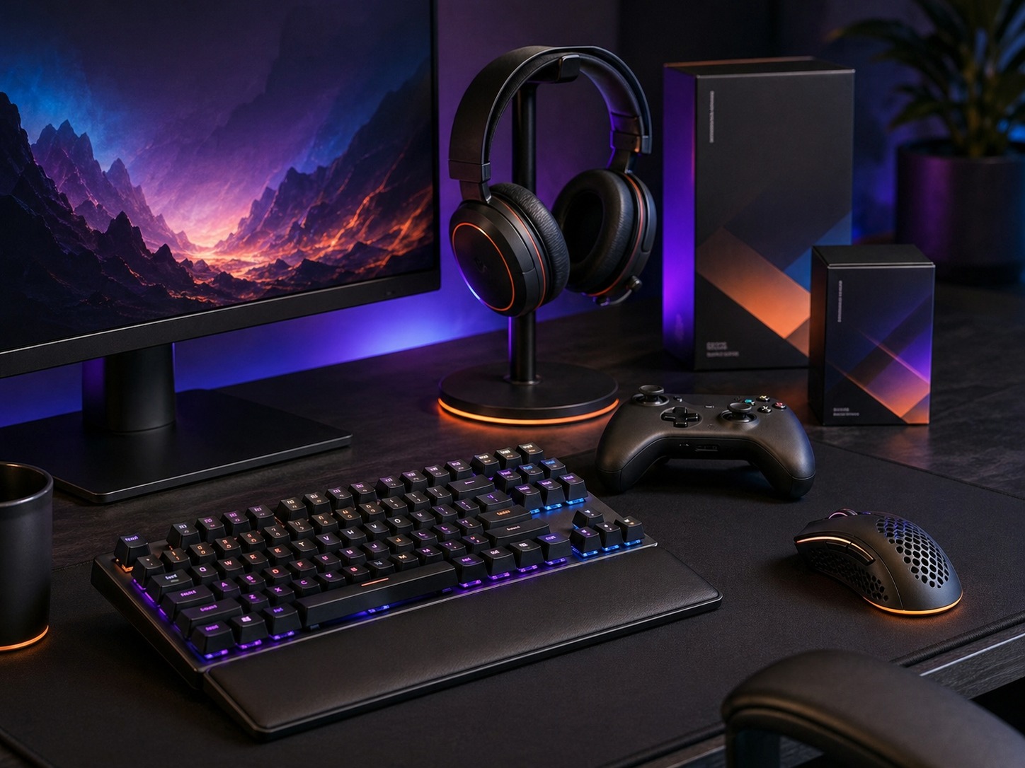 Gaming desk setup with RGB mechanical keyboard, headphones and controller