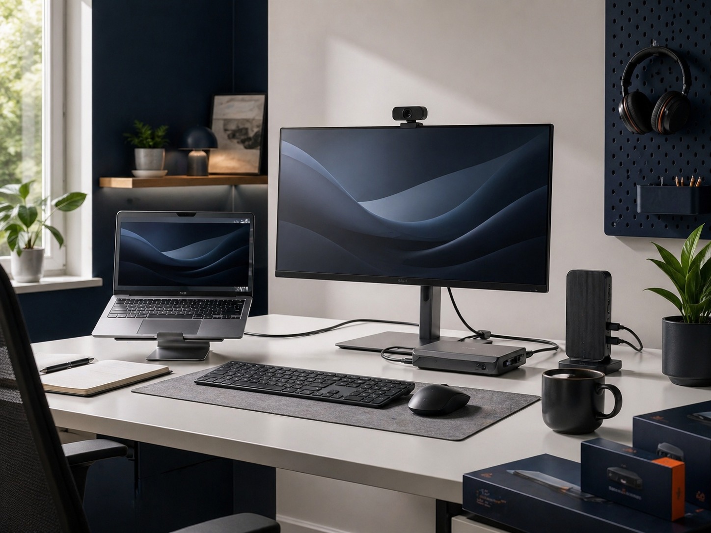 Home office desk with laptop on stand, monitor, dock and notebook in daylight