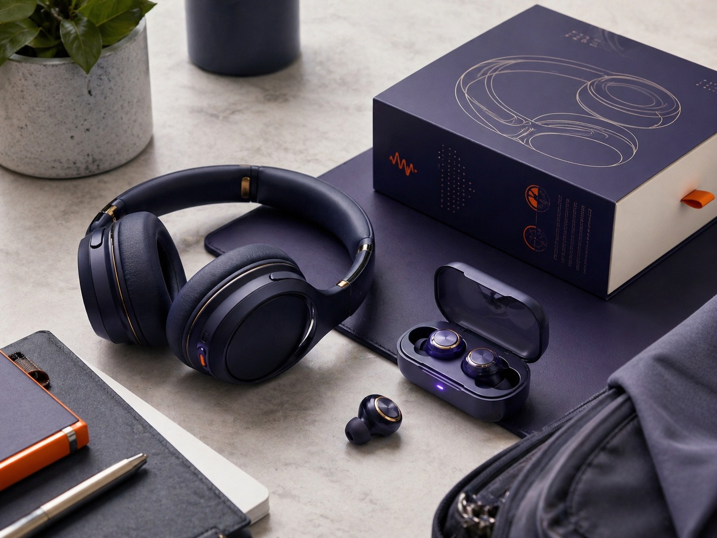 Premium navy and gold over-ear headphones and earbud case beside a retail box