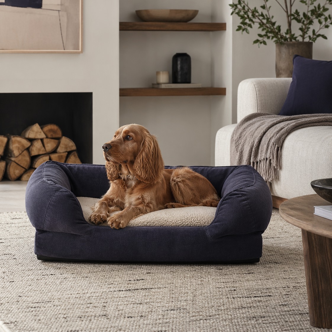Cocker spaniel resting in a navy fabric pet bed in a styled modern living room with neutral sofa, abstract art and shelving