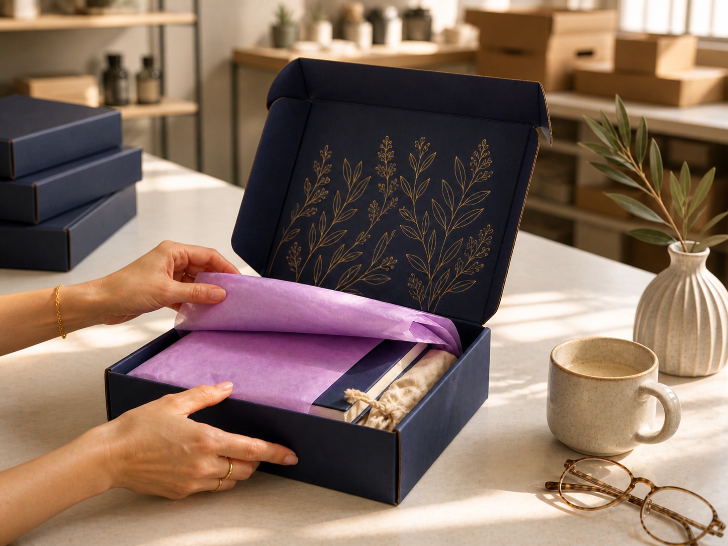 Hands opening a navy subscription mailer with gold botanical foil on the inside flap, lavender tissue paper, on a sunlit kitchen counter with stacked boxes in the background