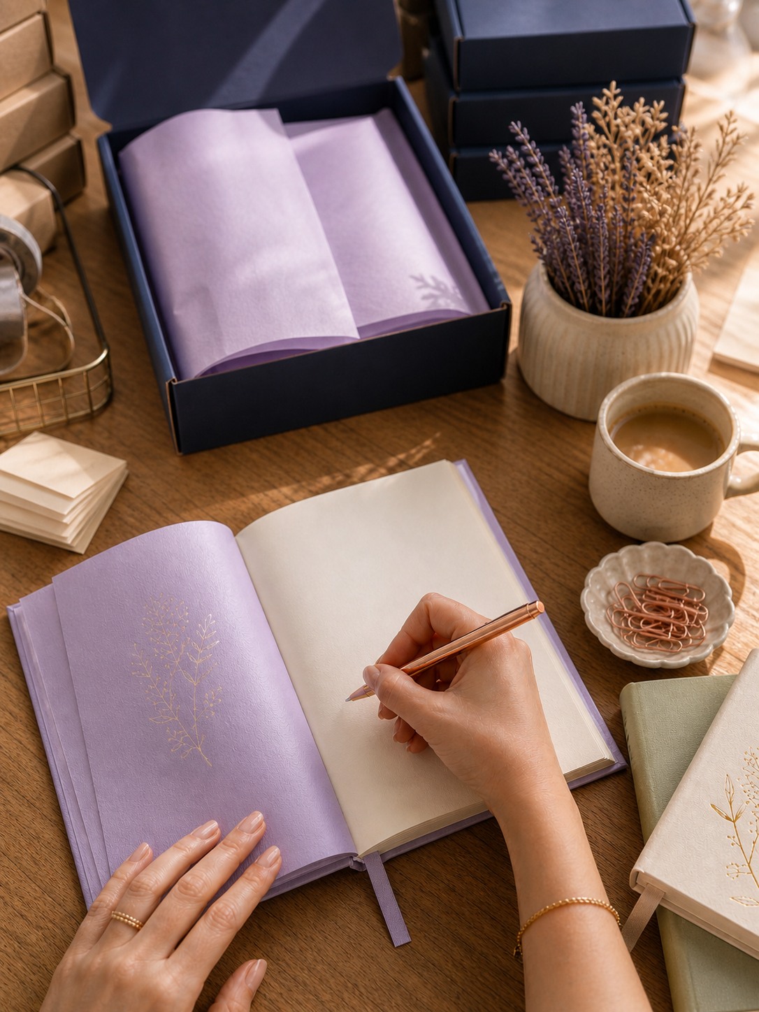 Hands writing in a lavender hardcover journal at a warm wood desk with a navy mailer of lavender tissue, dried lavender stems, a coffee mug and a sage second journal