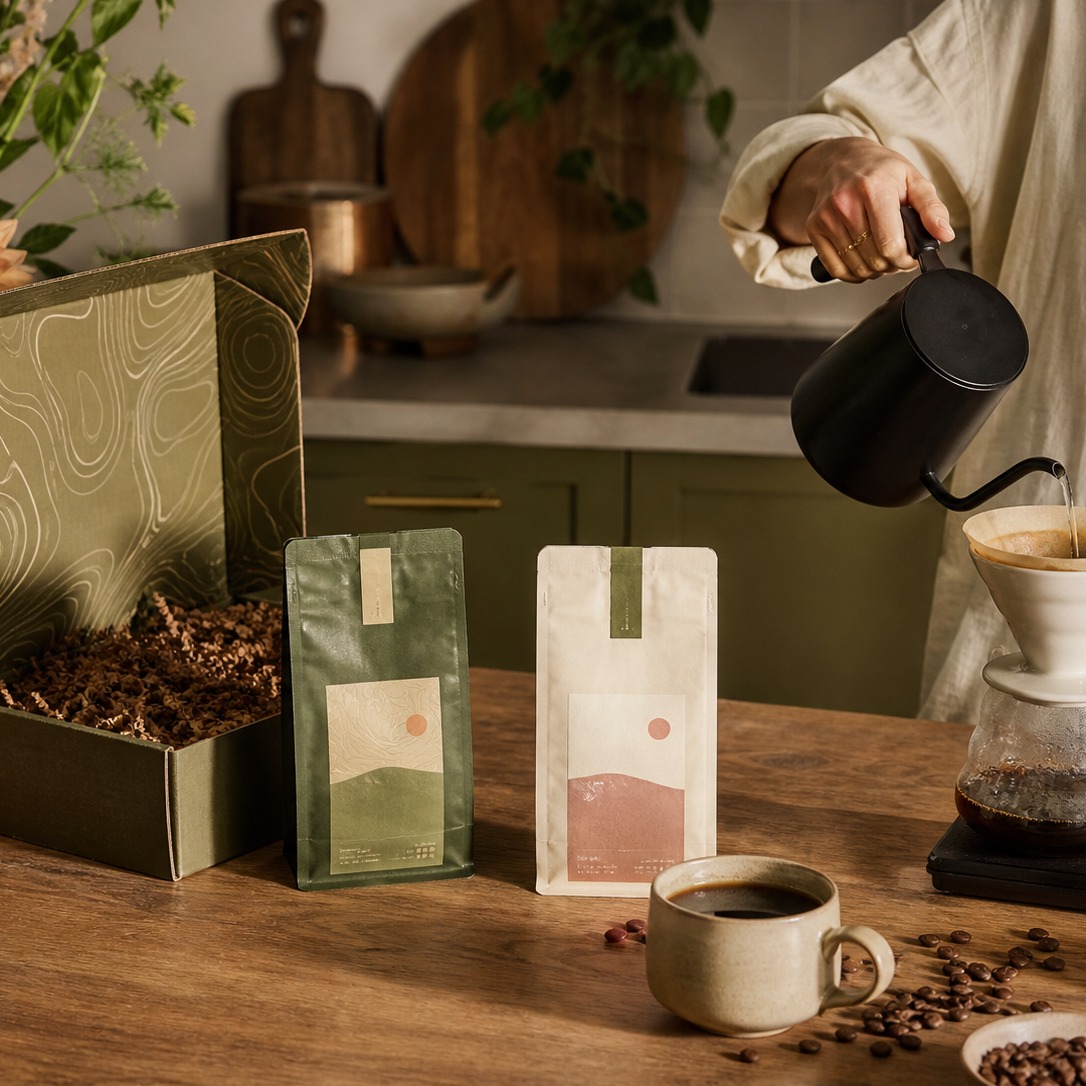 A person pouring water from a black gooseneck kettle over a V60 coffee filter with two coffee subscription pouches and a sage box on a wooden counter