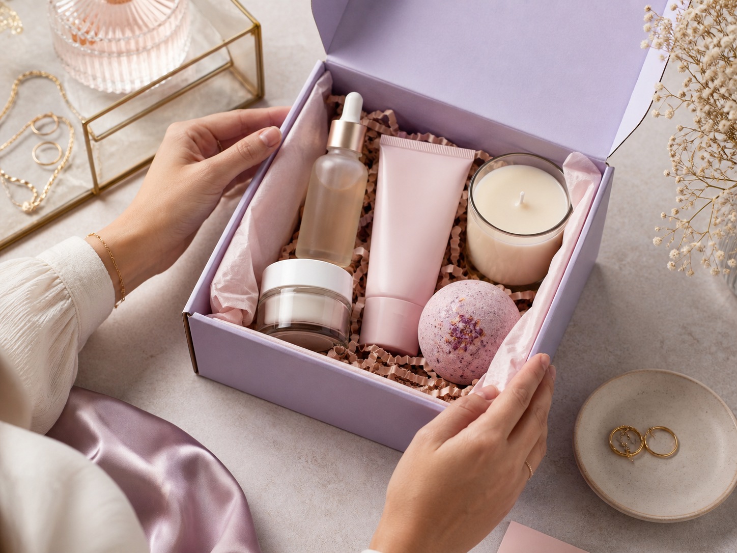 Hands holding open a lavender beauty subscription mailer with serum dropper, pink cream tube, candle and bath bomb