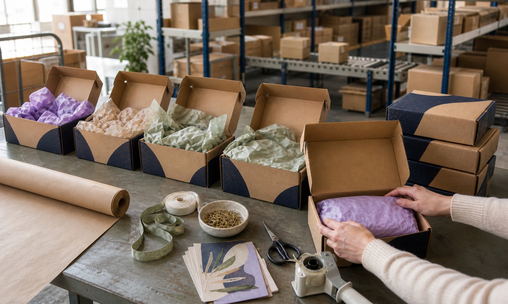 Six oat and navy subscription mailers in a row mid-pack with lavender, oat and sage tissue paper, hands placing wrapped product into a box, with warehouse depth in the background