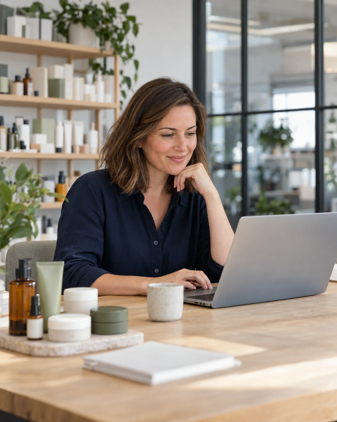 A founder working on her laptop in her skincare studio