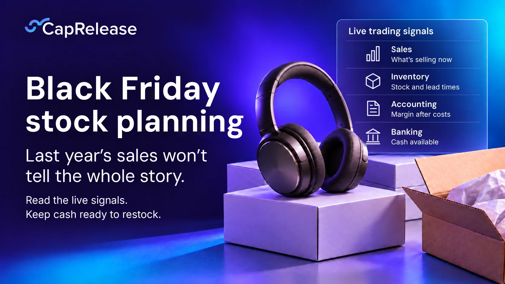 Black Friday stock planning for UK eCommerce brands, showing live trading signals for sales, inventory, accounting and banking