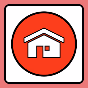 A red and white sign with a house on it