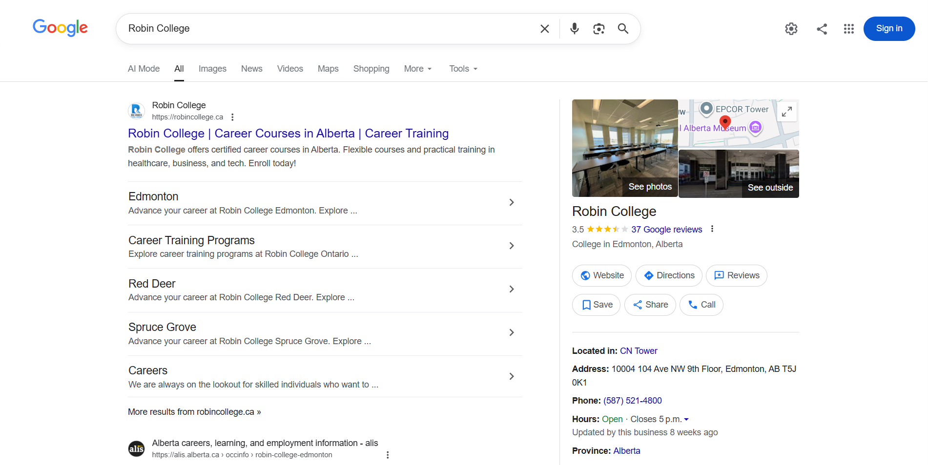 Robin College organic program search results