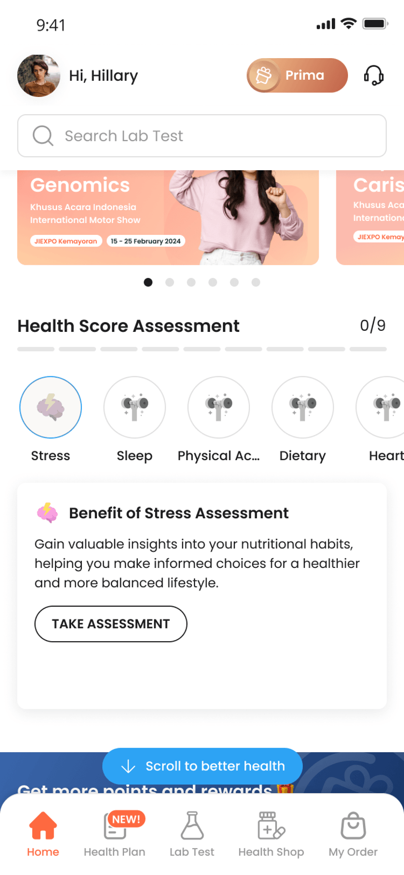 Screenshot of the existing Health Score entry point in the UbP app, displaying multiple assessment options without a clear starting point, leading to user confusion.
