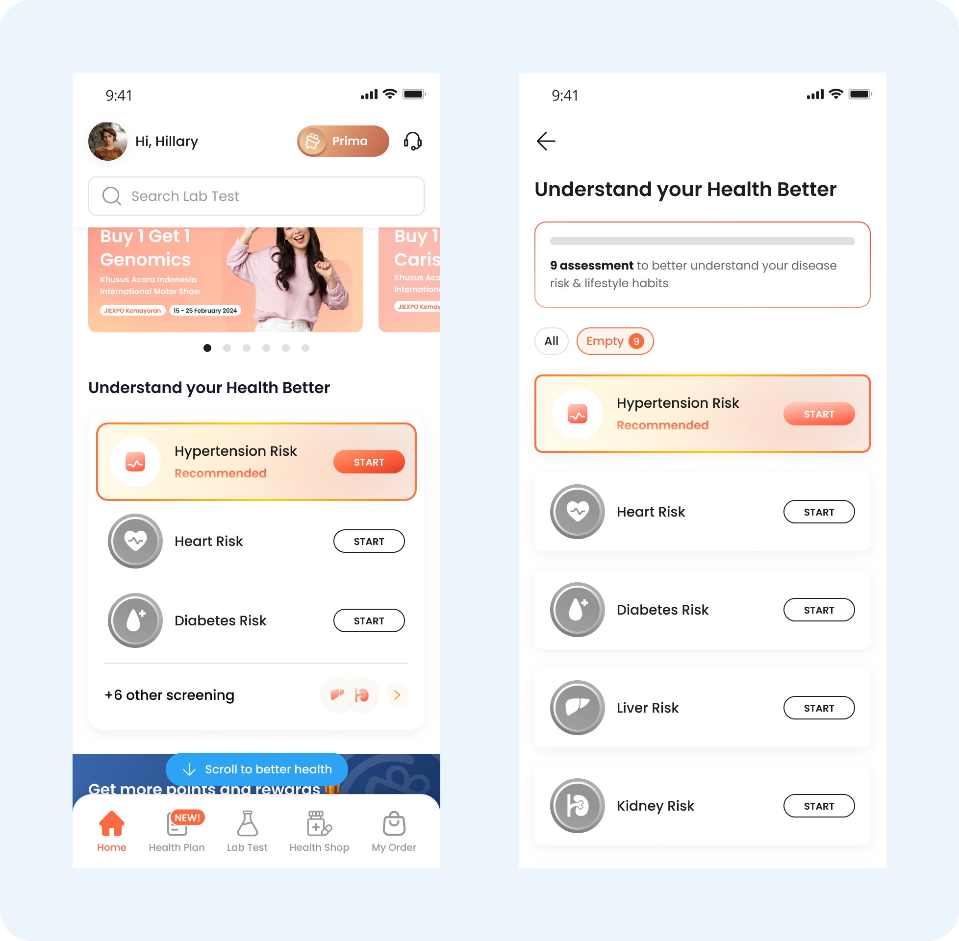Mockup of the updated Health Score entry point highlighting a 'Recommended' label on the first assessment to guide users on where to begin.