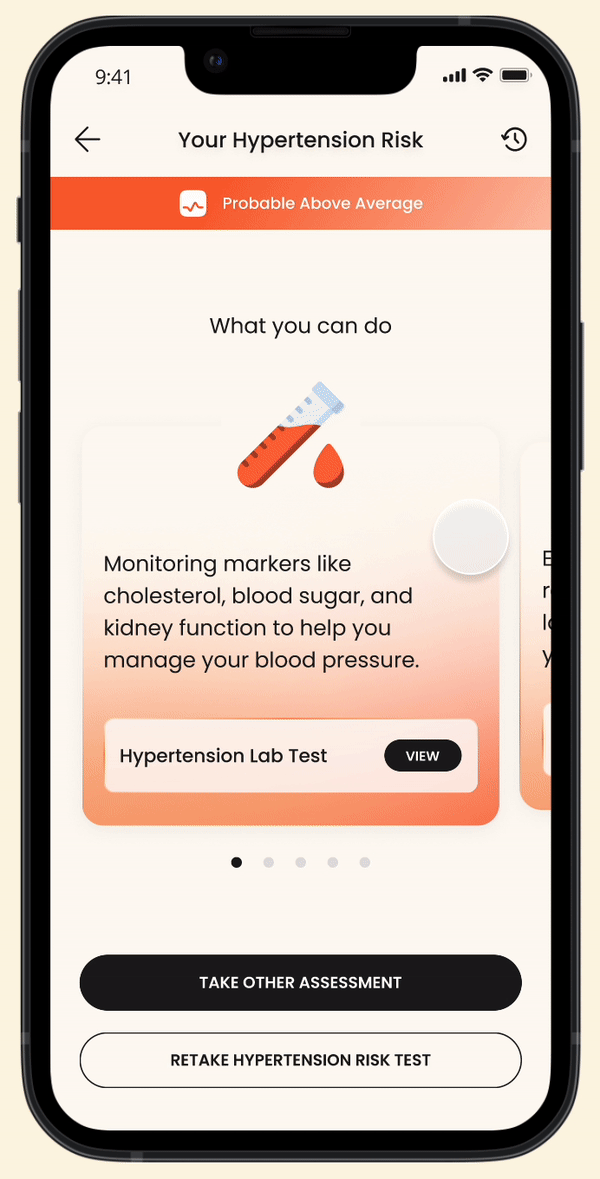 Image displaying the second fold of the new result page, offering actionable recommendations in card format, including lab tests, consultations, and health plans.
