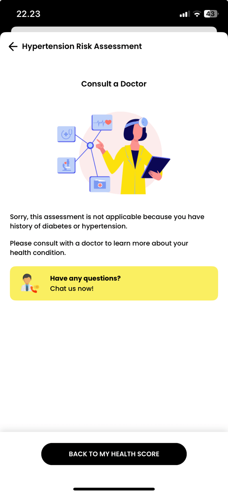 The disclaimer page informing user that they were ineligible to take the health score assessment before redesign