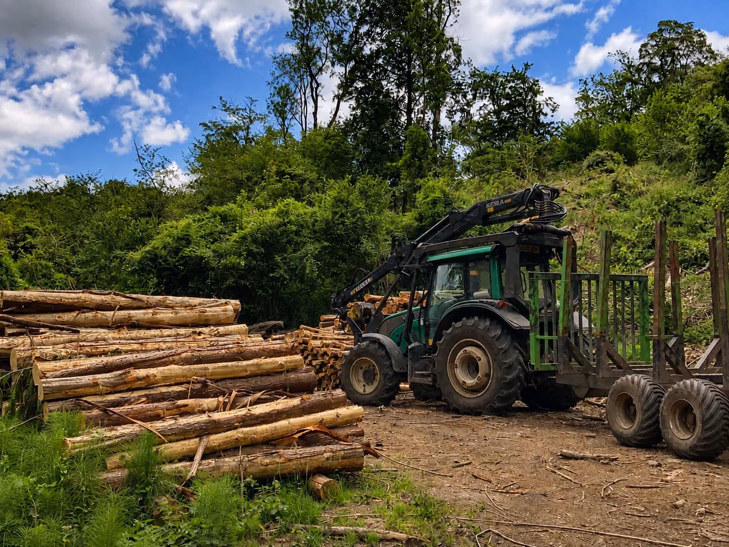 Forestry tractor and timber trailer beside stacked logs during woodland harvesting operations