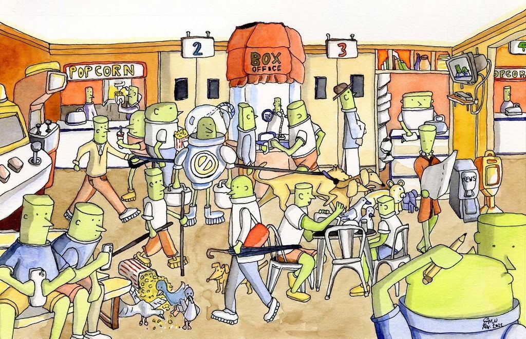 Crowd scene in the lobby of a movie theatre drawn in a Wimmelbilder style where all areas of the composition are densely filled with focal points and characters in various poses doing activities such as lining up for popcorn, checking out the magazine stand, walking multiple dogs, trying to buy tickets, etcetera. 