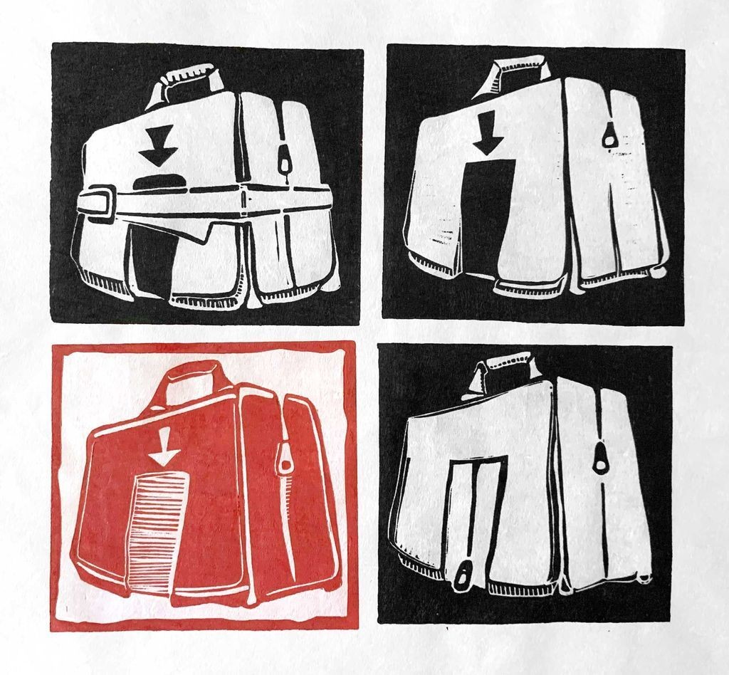 Linocut print of four suitcases arranged in a two-by-two tiled grid. One tile is in red ink and the rest are black. There is a door opening carved into the side of each suitcase. All of the door openings are similar, although they are at different stages of being accessible. One is completely open. Another has a strap blocking the entrance. Another is zipped shut.