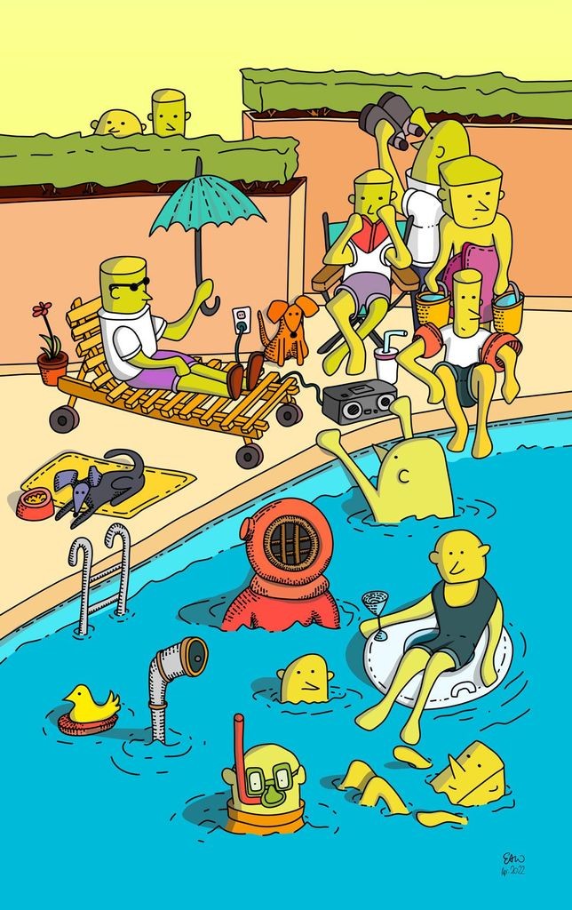 Scene of various characters gathered around an outdoor pool in the summer. The characters have heads shaped like push buttons. Some are accompanied by dogs. Wading in the pool is a character sitting in an inner tube sipping on a martini. Another character is wearing a deep sea diving suit. The colour palette is vibrant.