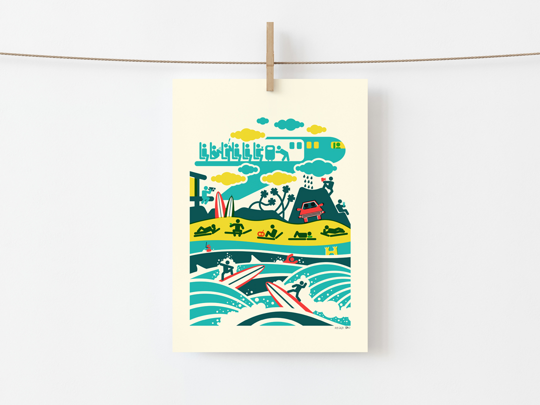 Illustration of the island of Oahu, Hawaii, done in the style of a pictogram depicting stick-figure characters surfing, enjoying the beach, driving, taking selfies, drinking coffee, and looking at scenery through binoculars.