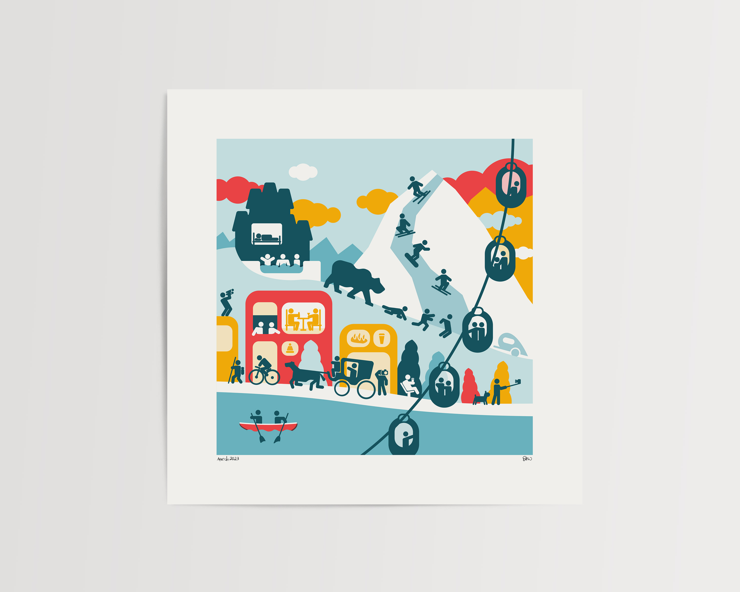 Mockup of a printed pictogram illustration on a square sheet of paper. In the foreground is a string of gondola cars filled with people sightseeing. In the background is a mountain with people skiing. There is a single walkway mid-ground filled with people hiking, cycling, taking a selfie, walking their dog, and riding a horse-drawn carriage. Directly behind the walkway is a series of shops and cafés, and beyond these building further up the hill is a silhouette of the Fairmont Banff Springs Hotel. Directly in front of the walkway is a river with a couple paddling in a canoe.