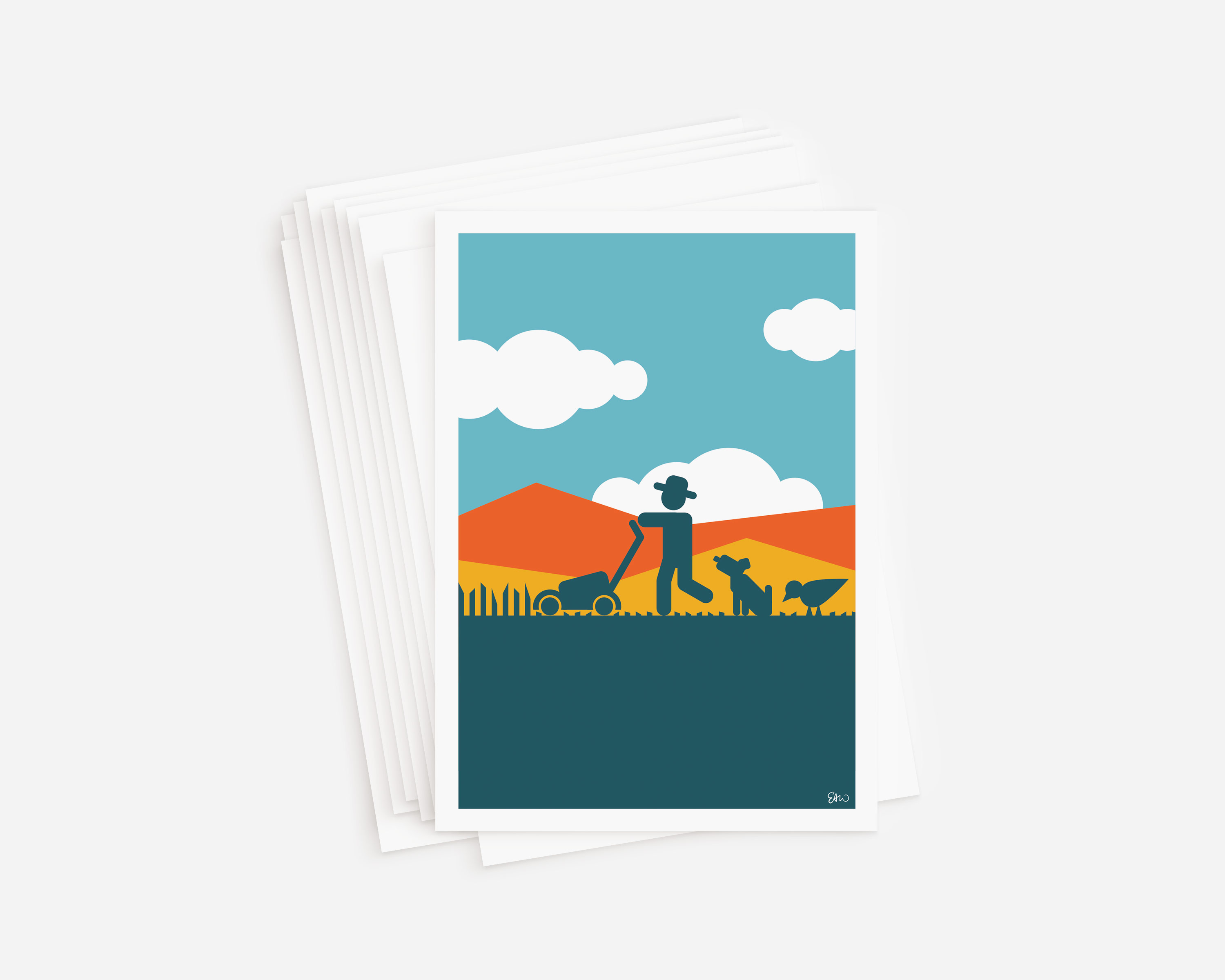 Mockup of a stack of greeting cards featuring a vector illustration in dark teal, yellow, light teal, and orange. The scene depicts a side profile silhouette of a pictogram-style character mowing the lawn. They are followed by a dog and a bird. 