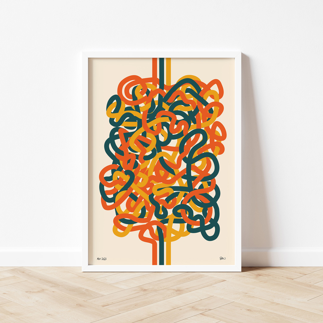 Abstract vector illustration showing three thick lines in yellow, orange, and teal respectively coming from the top edge of the page in evenly spaced lines before the start to tangle into each other in innumerable loops in the centre of the illustration. The lines emerge from the tangle at the bottom of the page and return to a straightened and even position, then exit off the edge of the composition.