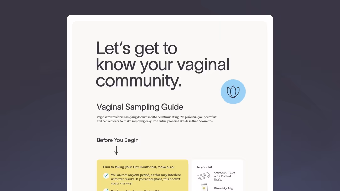 A close-up of a guide titled Let's Get to Know Your Vaginal Community and under it the subtitle Vaginal Sampling Guide. 