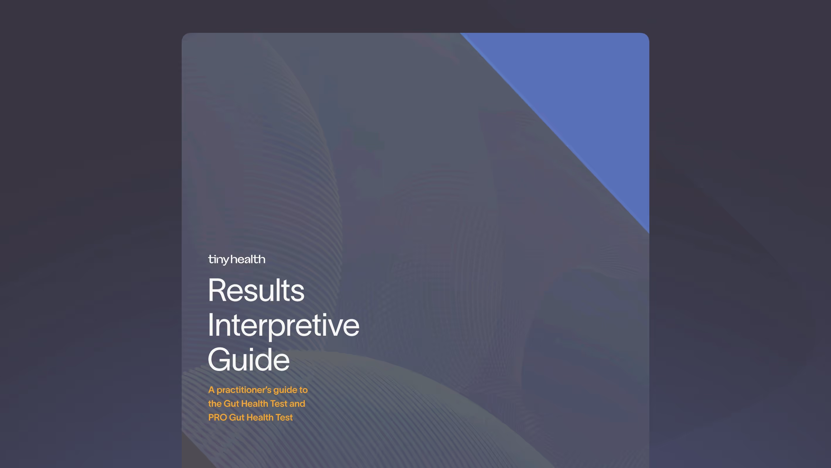 tinyhealth Results Interpretive Guide cover. It is a practitioner's guide to the Gut Health Test and PRO Gut Health Test. The design features a subtle abstract background with a blue accent color.