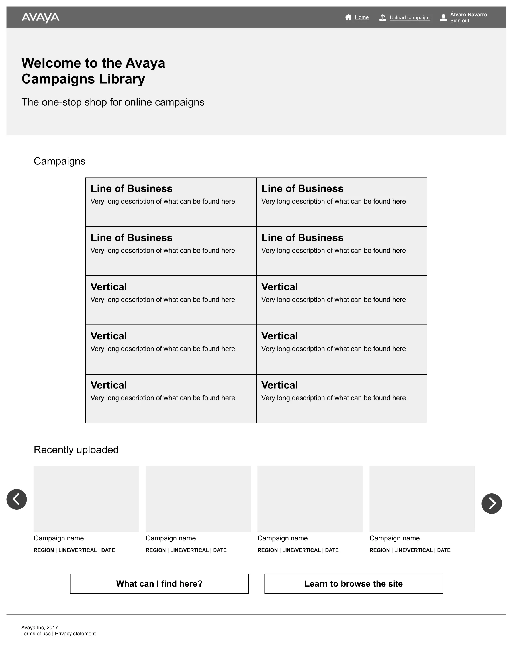 Avaya marketing library home page wireframe 