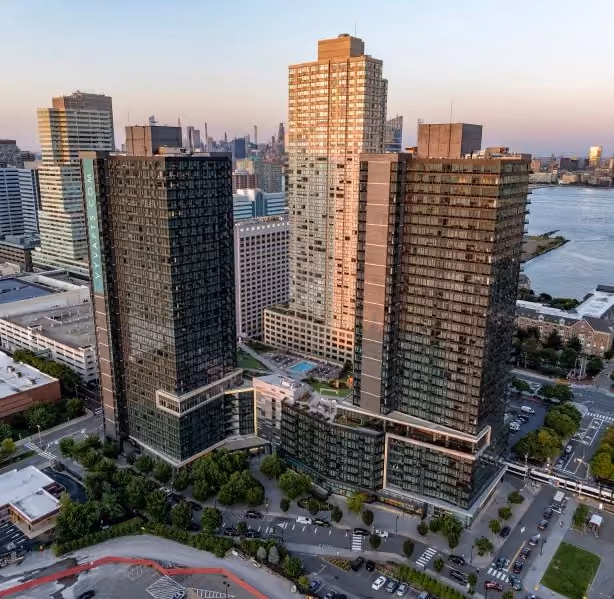 The two VYV towers on the Jersey City waterfront