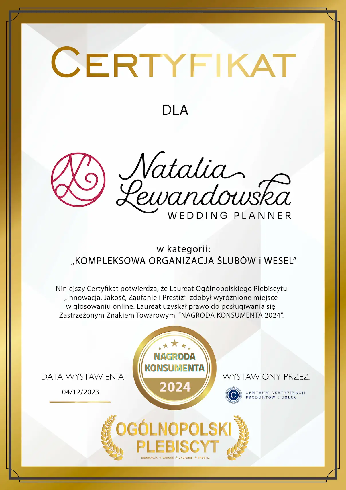 Certyfikat dla Natalia Lewadnowska Wedding Planner, Certyfikat za kompleksową organizację ślubów i wesel