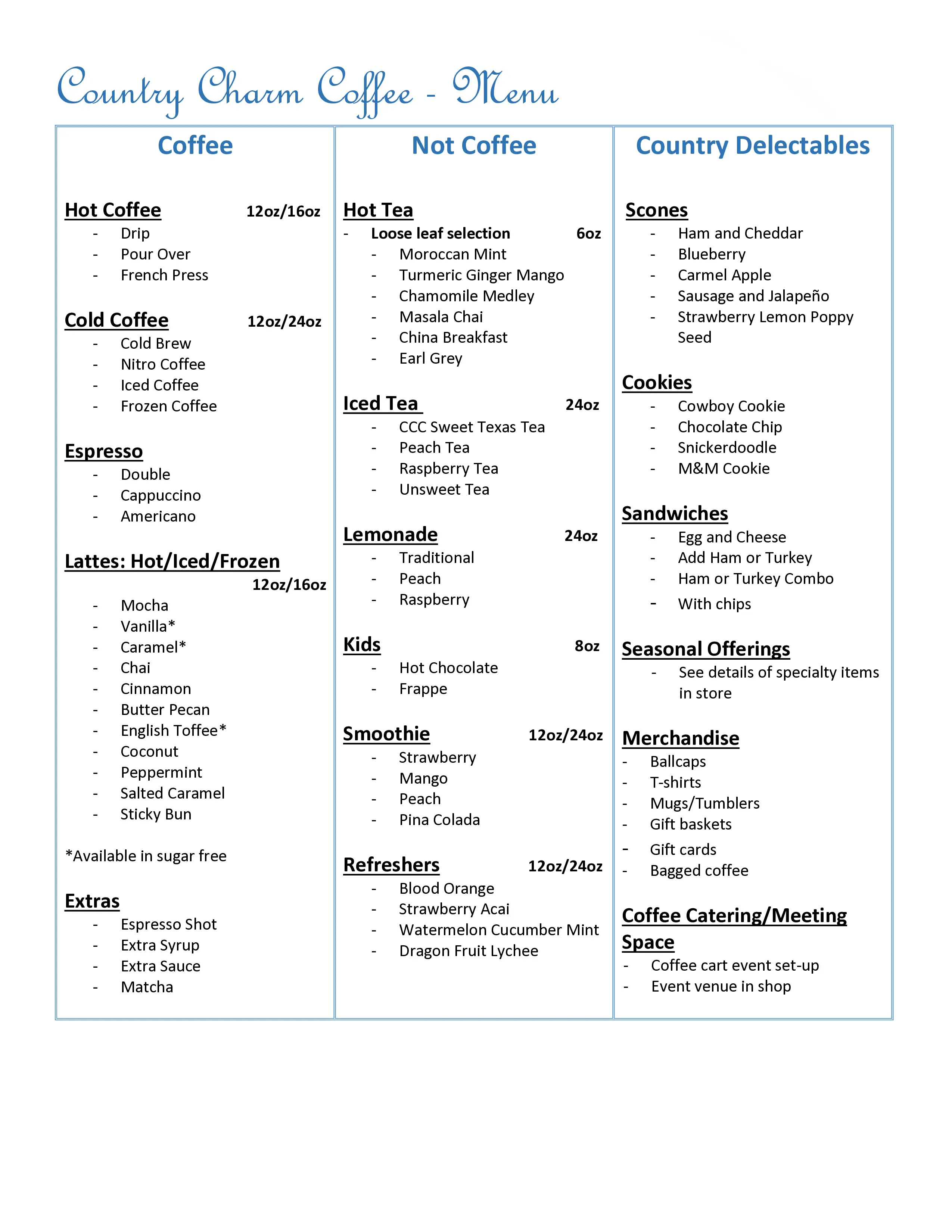 Country Charm Coffee menu divided into Coffee, Not Coffee, and Country Delectables sections listing various drinks, snacks, and merchandise.