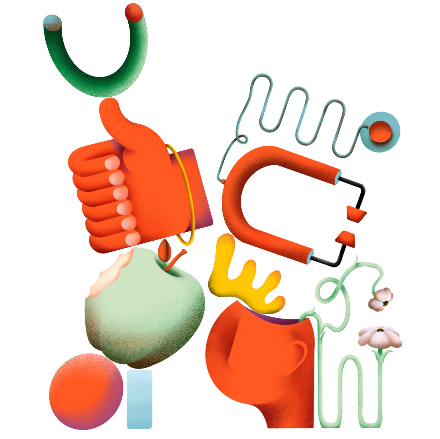 Abstract illustration of an orange hand giving a thumbs-up holding a green stethoscope, a half-eaten green apple, an orange head with a yellow crown, and a horseshoe magnet with swirling wires.