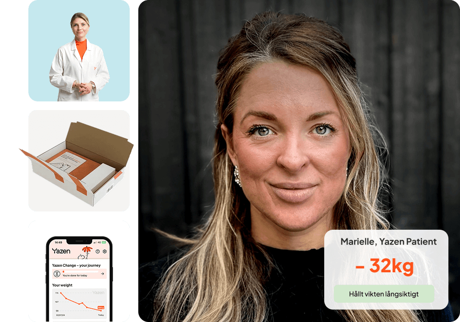 Portrait of a smiling woman with blonde hair, labeled as Marielle, a Yazen patient who lost 32kg and maintained the weight long-term; alongside images of a female doctor, a delivery box, and a mobile weight tracking app.