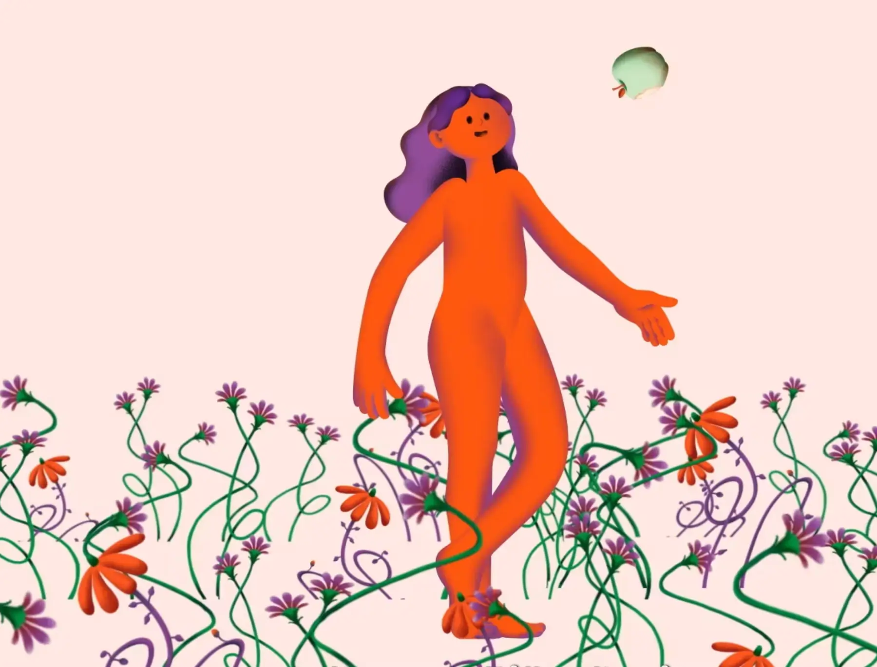 Orange animated figure with purple hair standing among swirling green vines and red and purple flowers, looking at a floating green apple with a bite.
