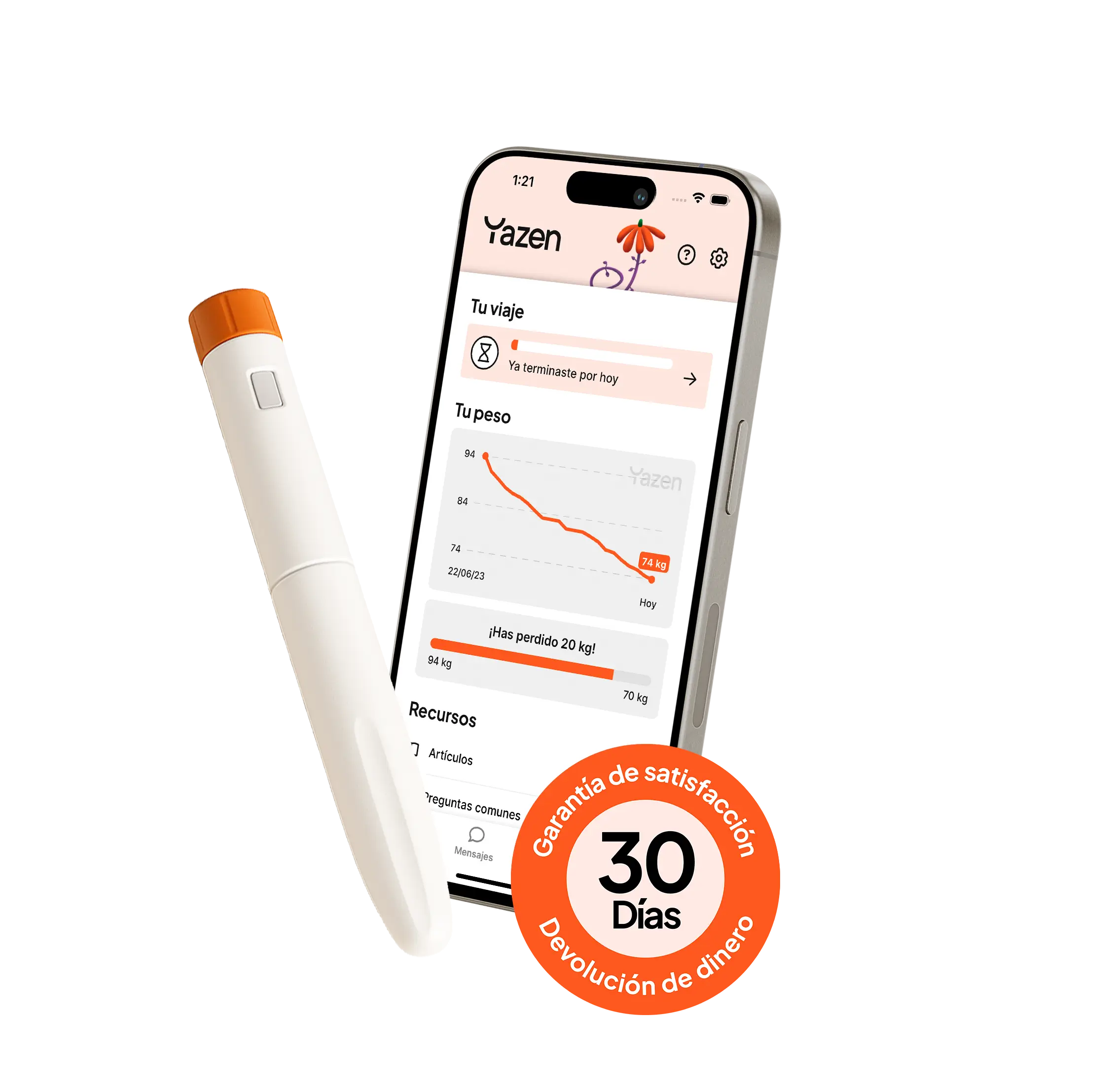 Yazen weight tracking app on a smartphone displaying a weight loss graph and progress bar, next to a white and orange pen-like device, with a 30-day satisfaction money-back guarantee badge.