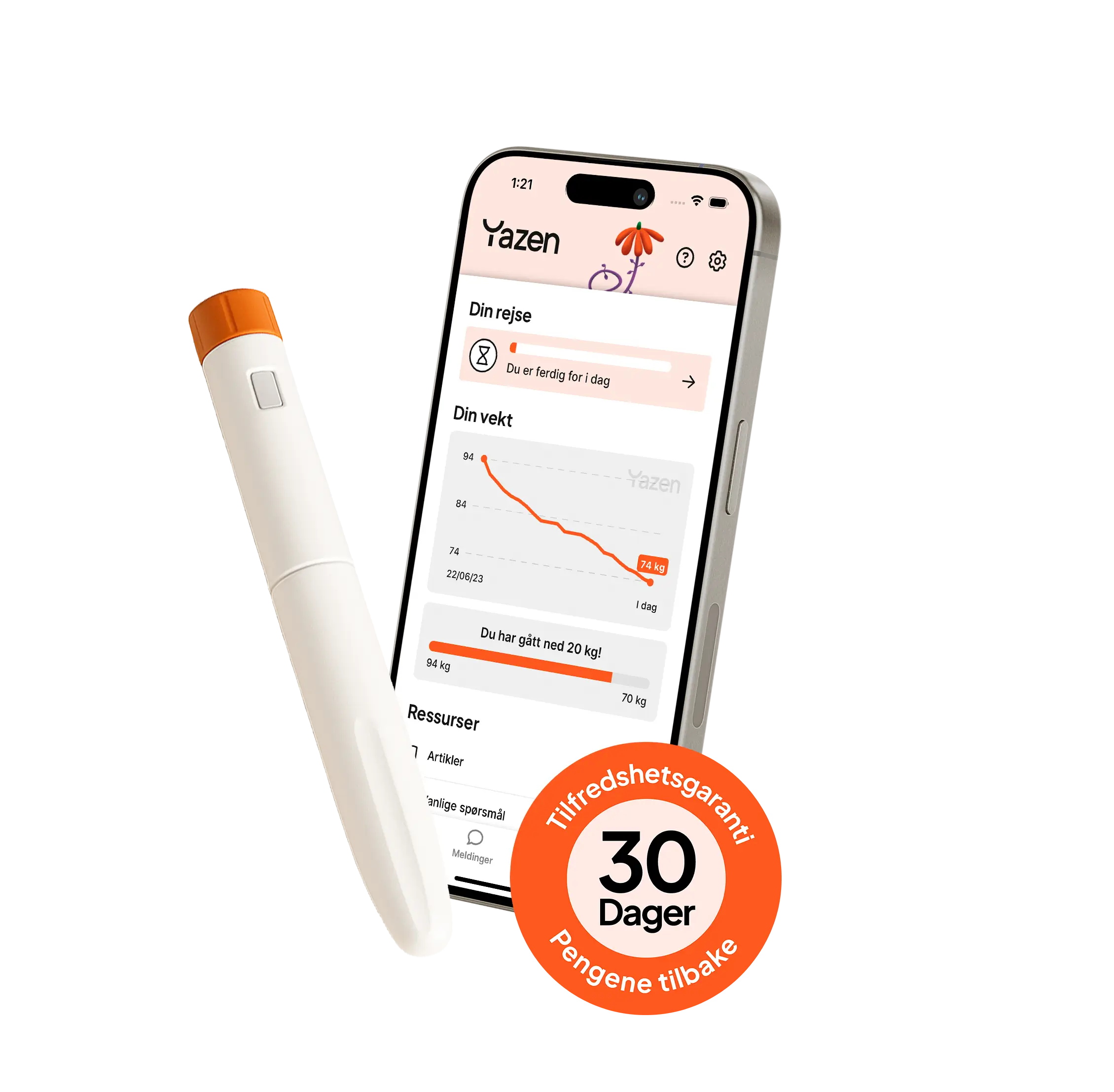 Smartphone displaying a weight loss tracking app with a weight graph and progress bar, next to a white and orange pen-like device, with a badge saying 30-day satisfaction guarantee.