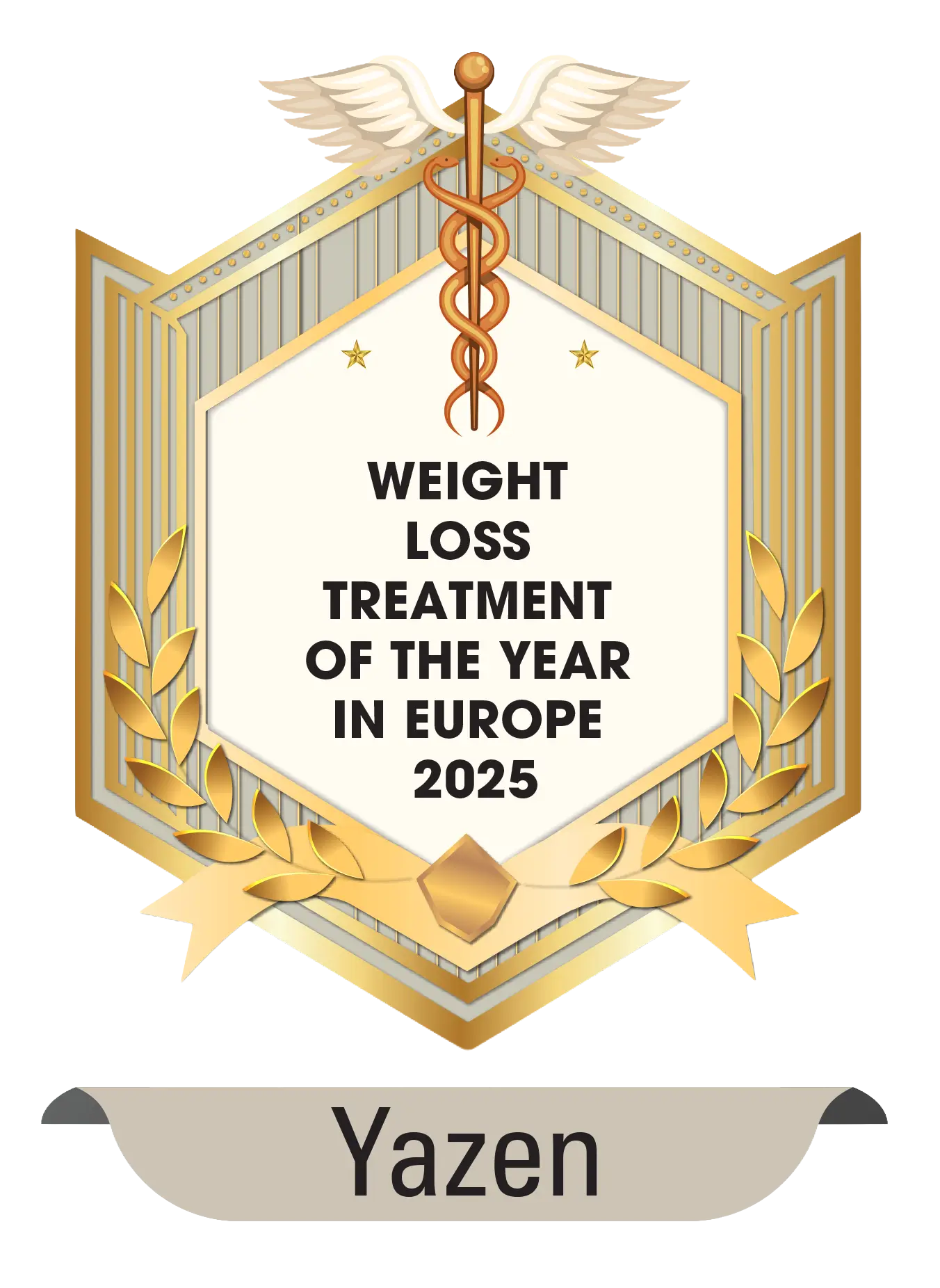 Gold and beige hexagonal badge with caduceus symbol, laurel leaves, and text 'Weight Loss Treatment of the Year in Europe 2025' above the name 'Yazen'.